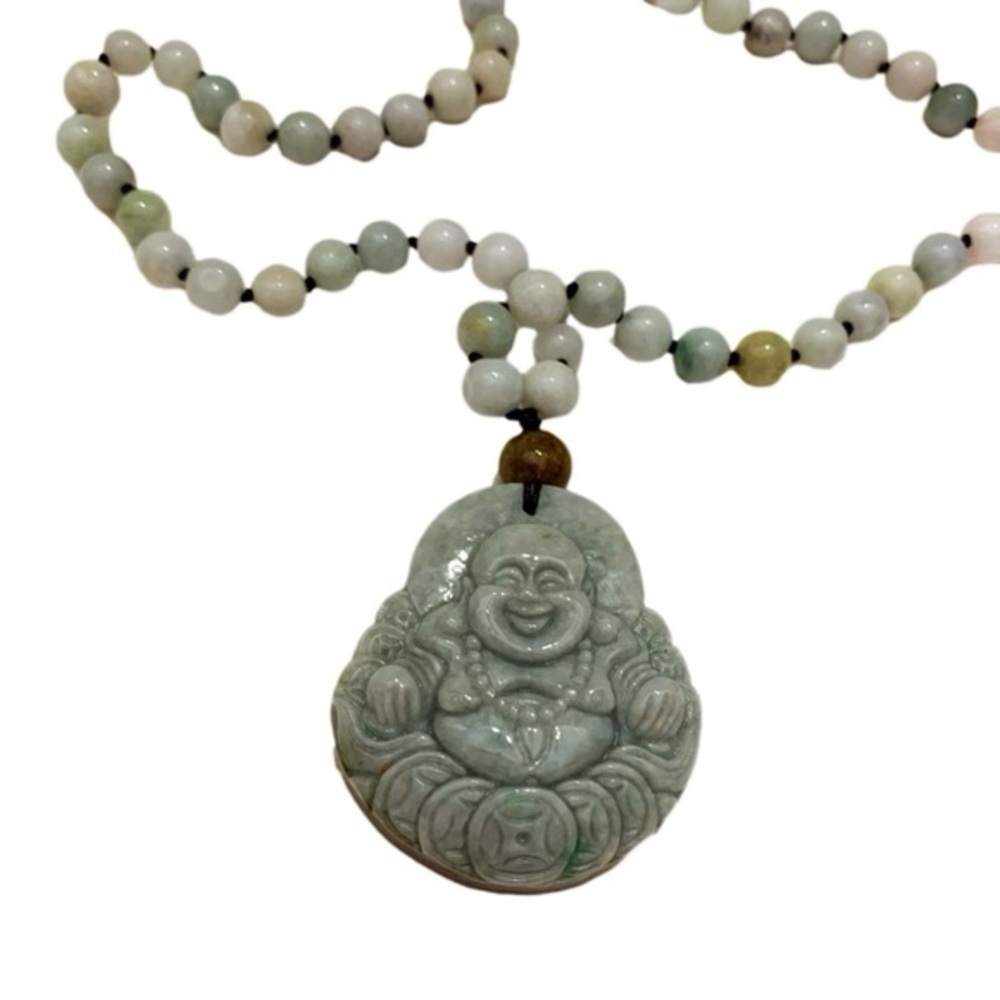 SJ Pearl Laughing Buddha Pendant Real Jade Necklace Adjustable Length NWOT